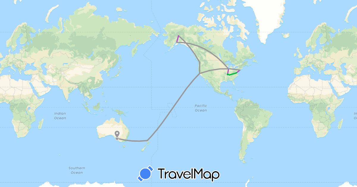 TravelMap itinerary: driving, bus, plane, train in Australia, New Zealand, United States (North America, Oceania)